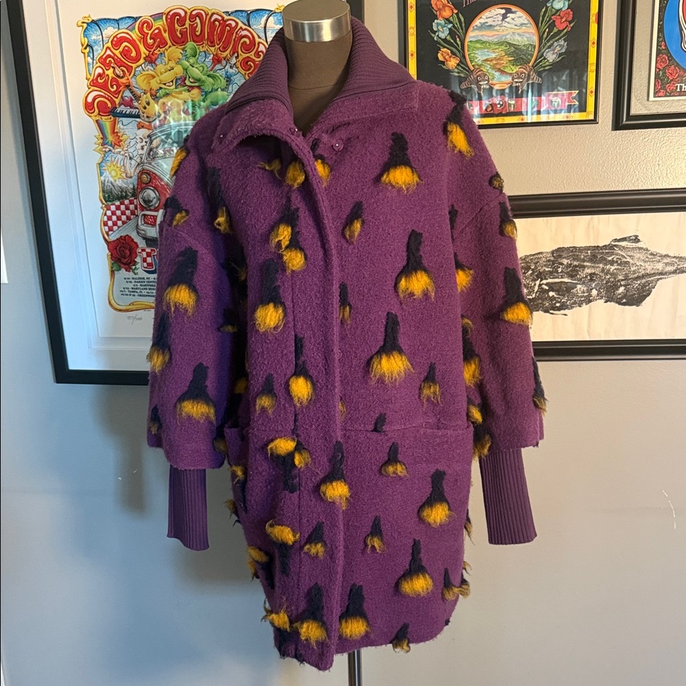 Rare Avis by Iris Apfel Purple Textured Knit Jacket with Yellow Tufts - Small